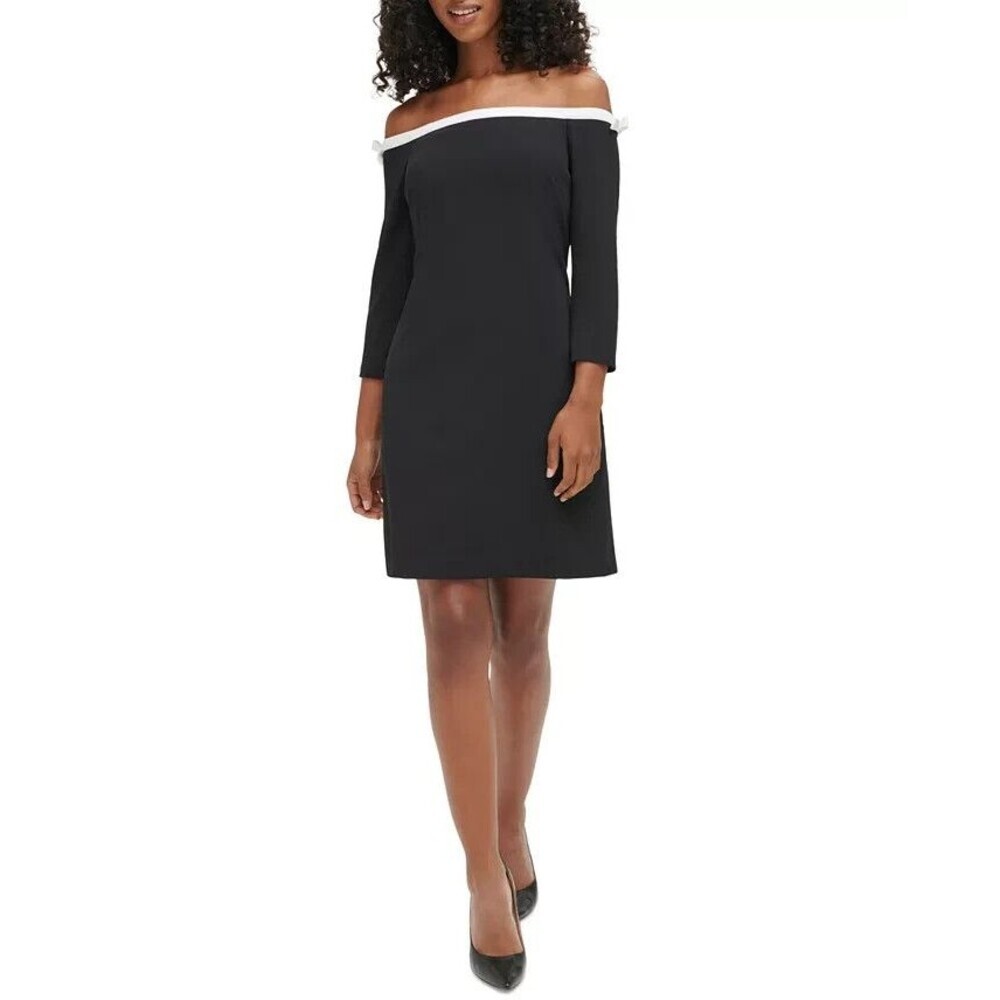 KARL LAGERFELD PARIS Women's Off-The-Shoulder Scuba Crepe Dress Black 14 - Picture 4 of 10